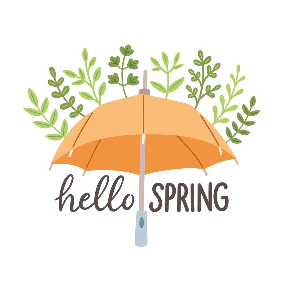 Hello Spring hand drawn flat vector illustration. Lettering spring season with umbrella for greeting card