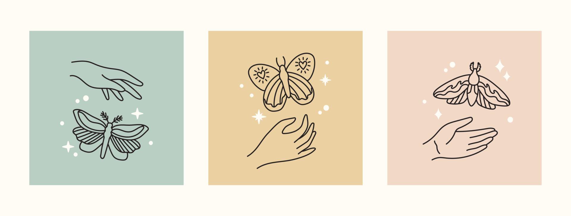 Mystical and esoteric vector cards in trendy minimal lineart style. Vector in boho style hands and mystical objects