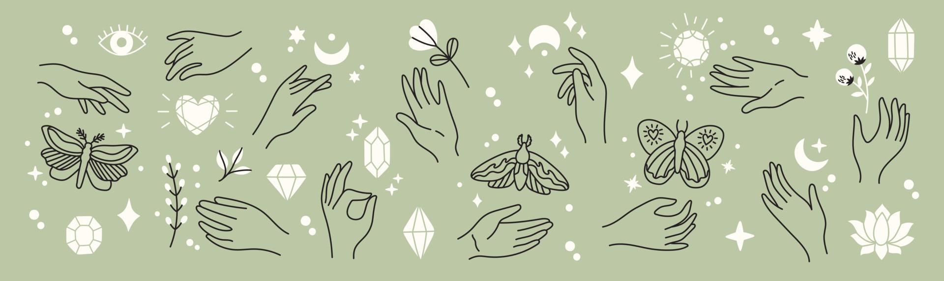 Mystical and esoteric vector set in trendy minimal lineart style. Vector in boho style hands and mystical objects