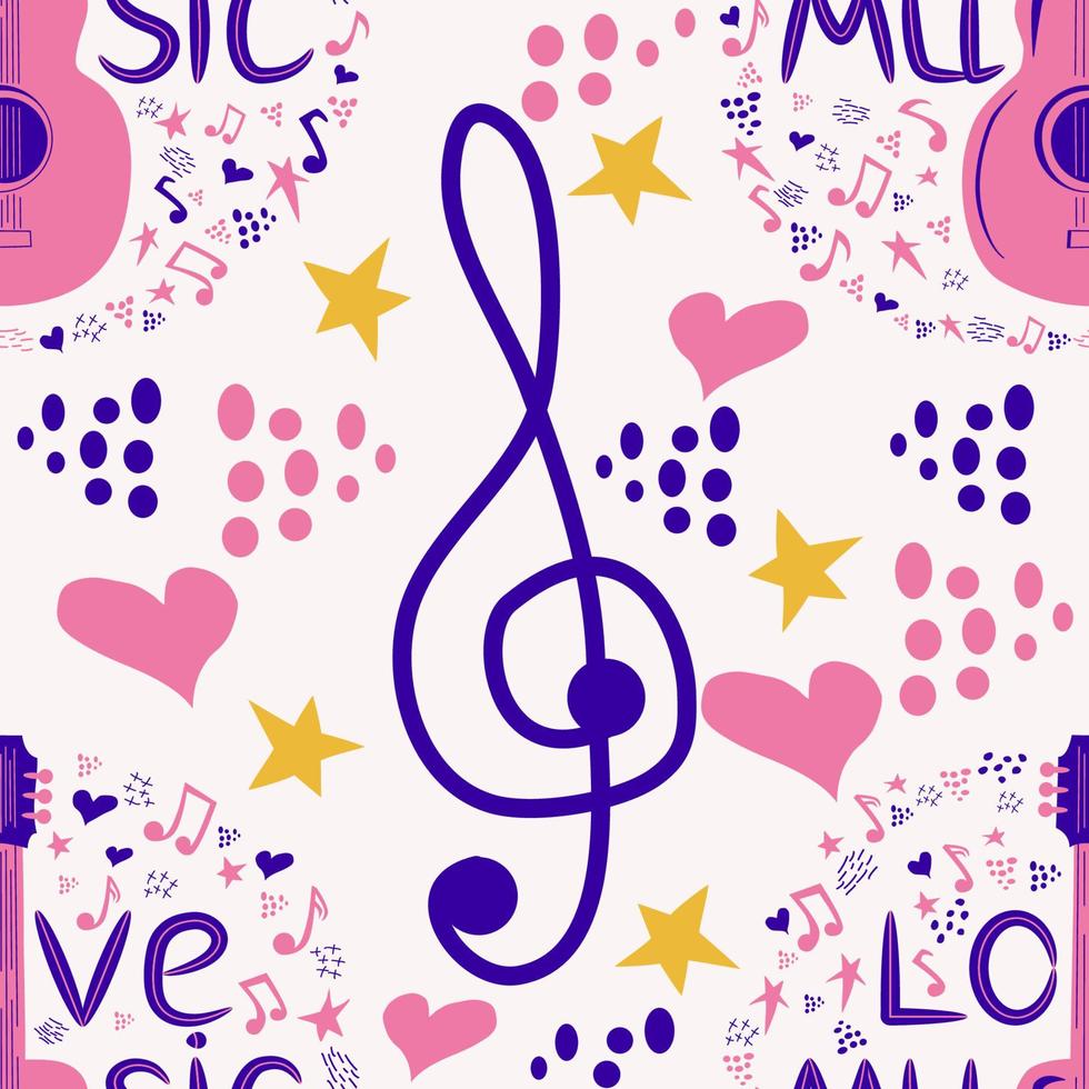 Love music seamless pattern with country guitar, music notes, treble clef, hearts, decorative elements. vector