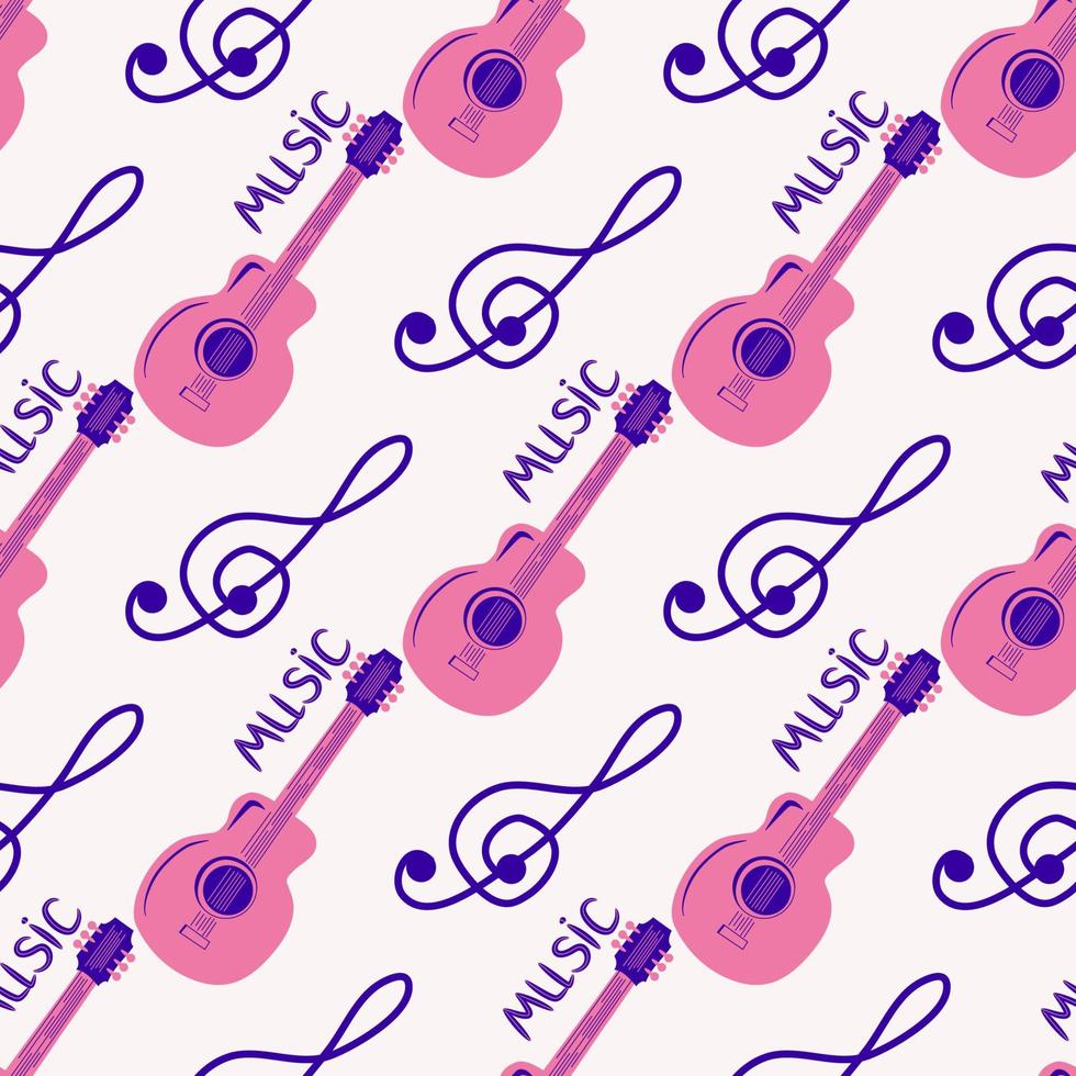 Love music seamless pattern with country guitar, music notes, treble clef, hearts, decorative elements. vector