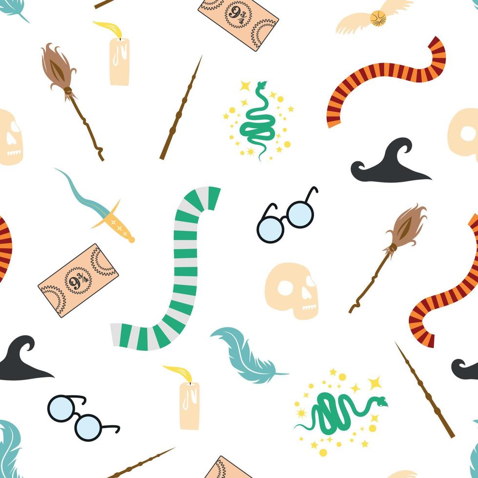 Magic items seamless pattern in flat style. School of Magic. Pumpkin, key, magic ball, feather, spider, purple hat, broom, skull, snake vector