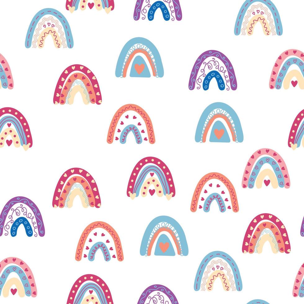 Rainbow seamless pattern in pastel colors. Scandinavian baby hand drawn illustration for textiles and newborn clothes. vector