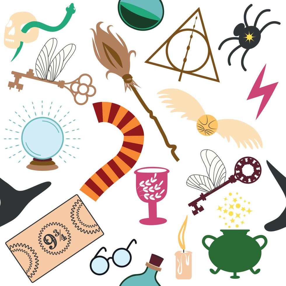 Magic items seamless pattern in flat style. School of Magic. Pumpkin, key, magic ball, feather, spider, purple hat, broom, skull, snake vector