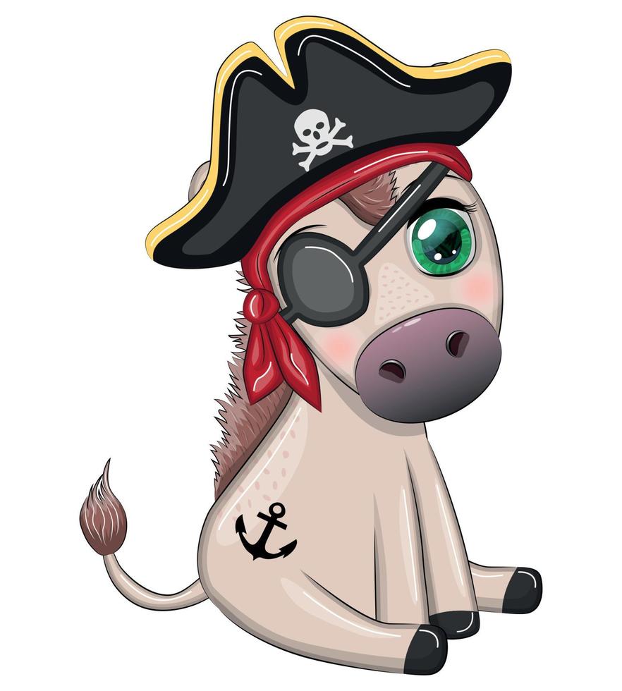 Cute pirate donkey in a cocked hat, with an eye patch. Child character, games for boy vector