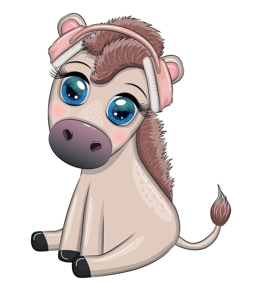 Donkey in headphones listens to music. I love music, cute character vector