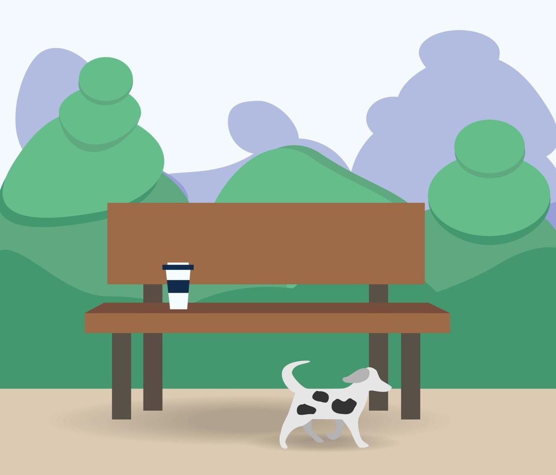 Bench with cup and books under a tree in the park. Flat style illustration. vector