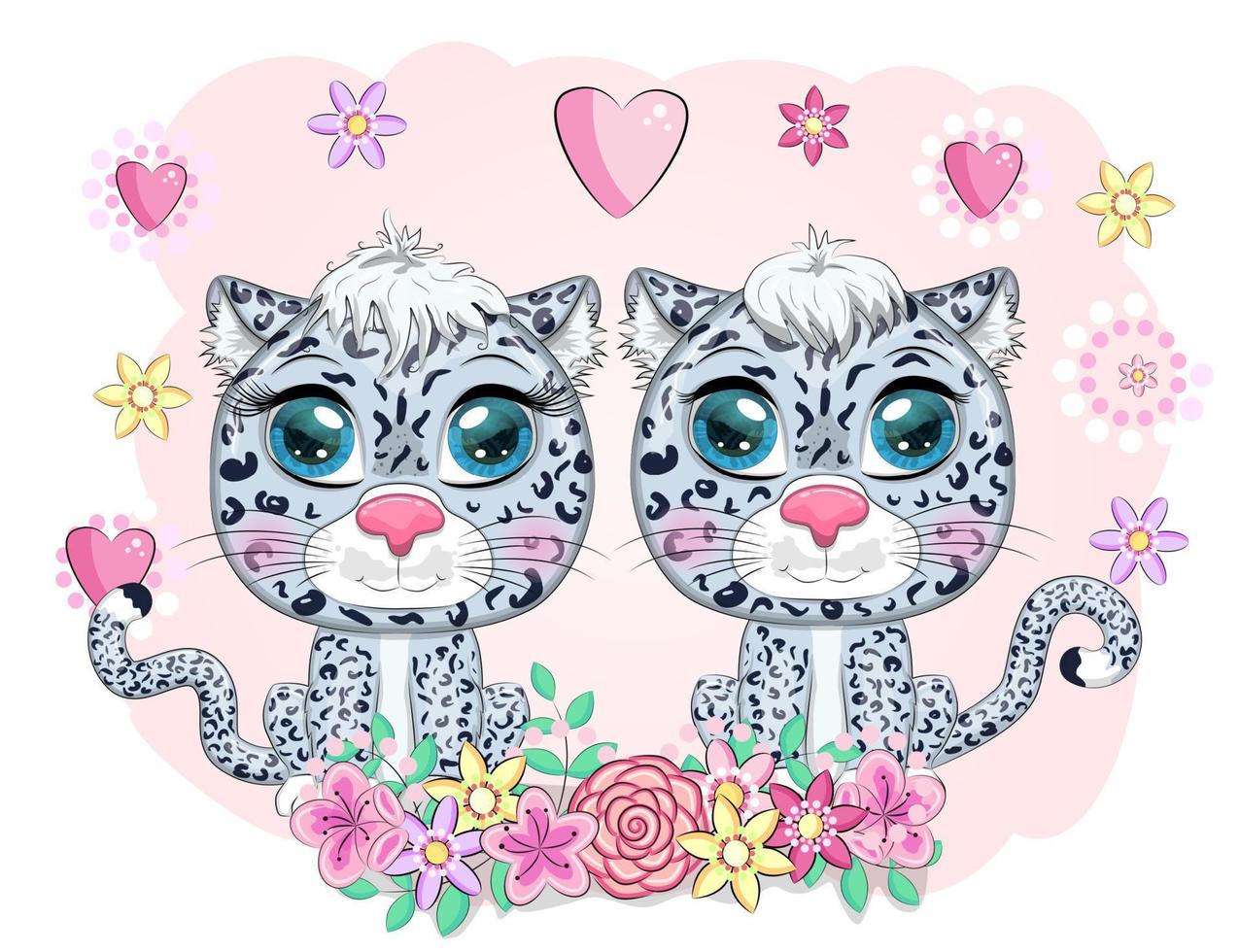 Cartoon snow leopard with expressive eyes. Wild animals, character, childish cute style. vector