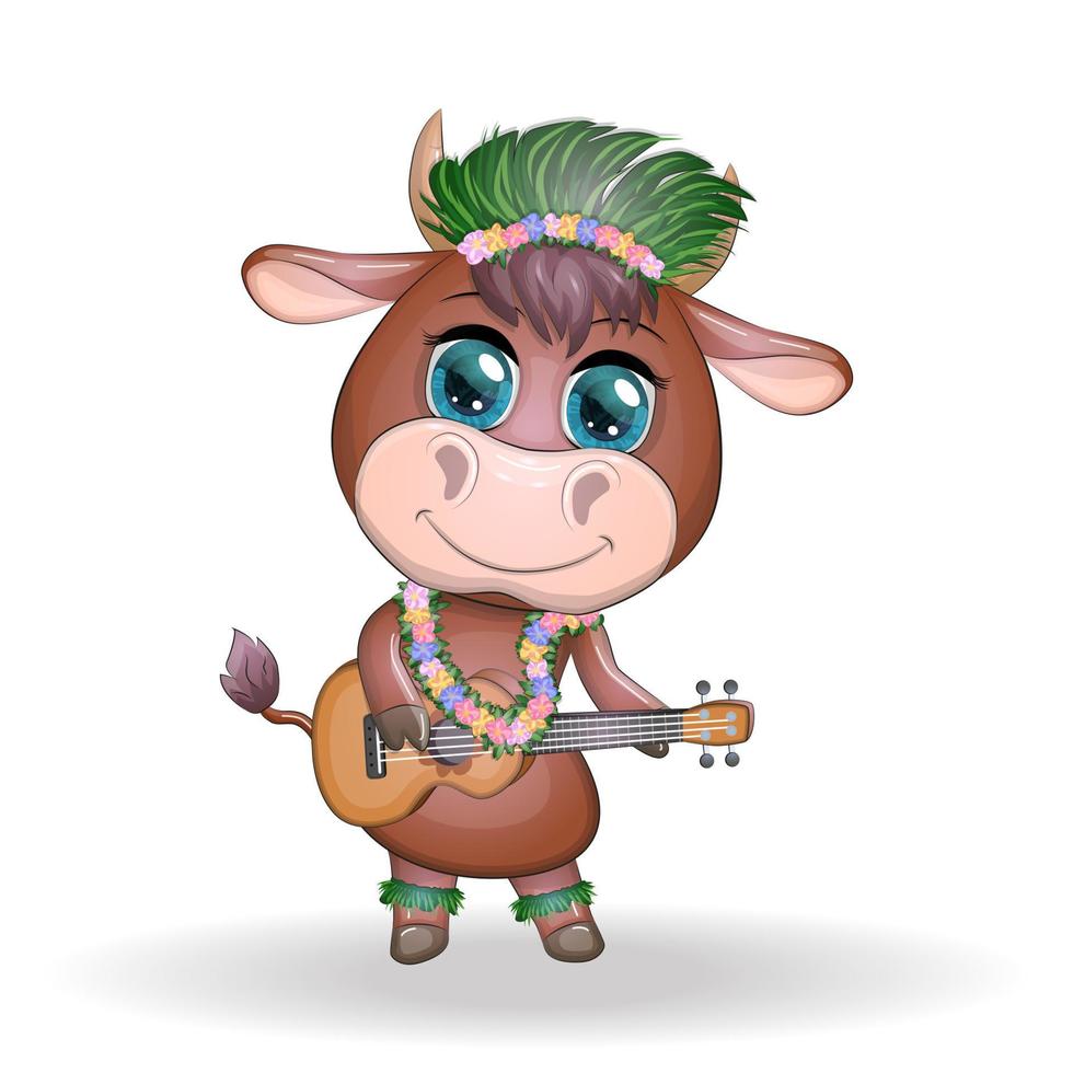 linda dibujos animados toro, vaca con hermosa ojos, hawaiano hula bailarín personaje con ukelele guitarra entre hojas, flores chino nuevo año linda toro mascota vector