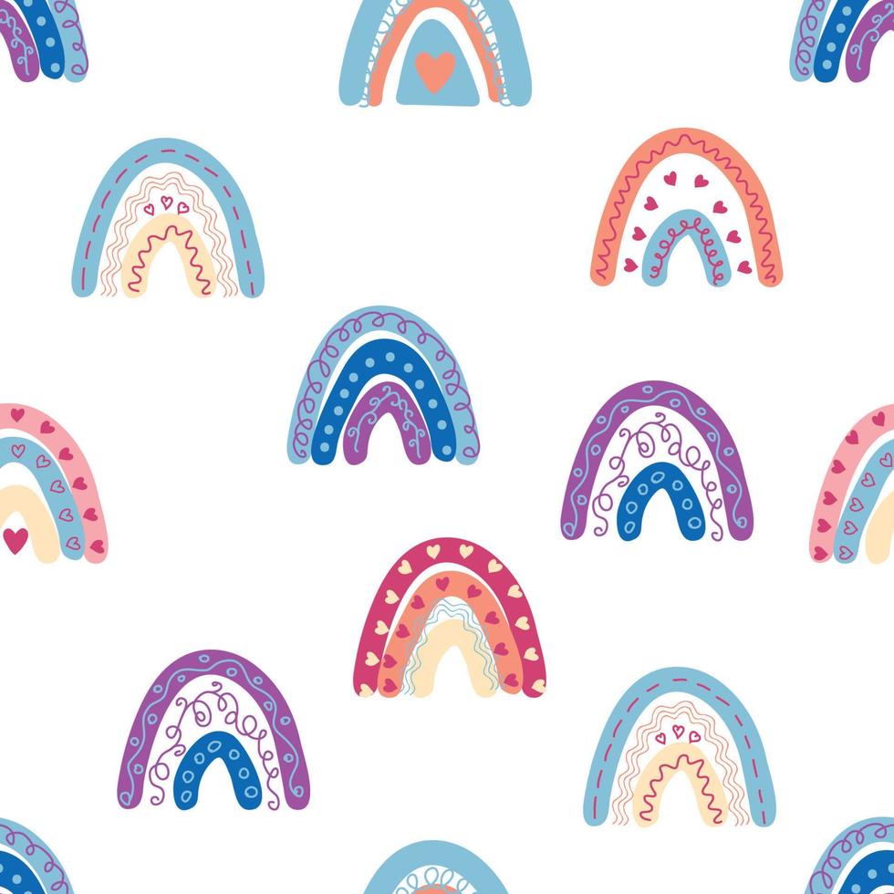 Rainbow seamless pattern in pastel colors. Scandinavian baby hand drawn illustration for textiles and newborn clothes. vector