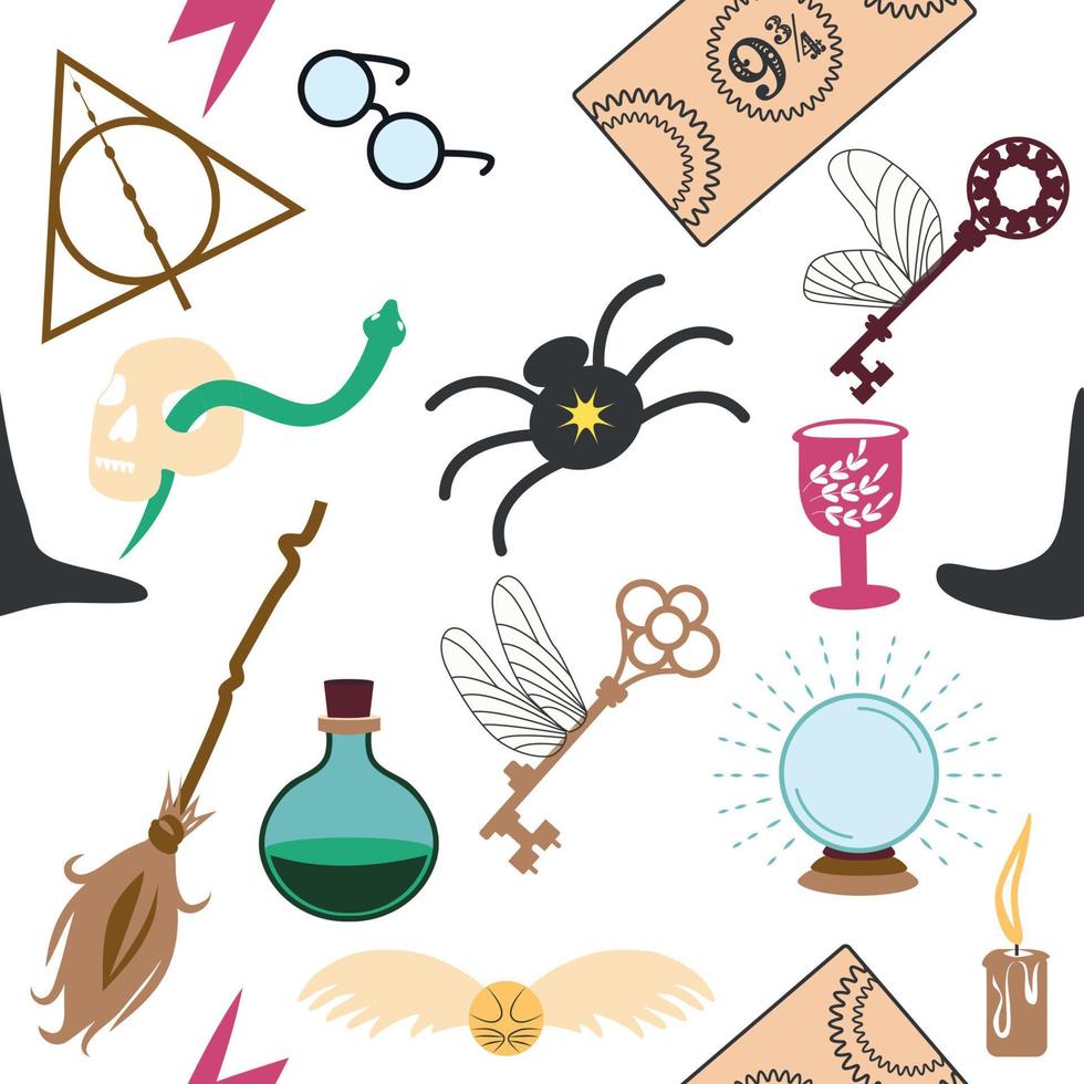 Magic items seamless pattern in flat style. School of Magic. Pumpkin, key, magic ball, feather, spider, purple hat, broom, skull, snake vector