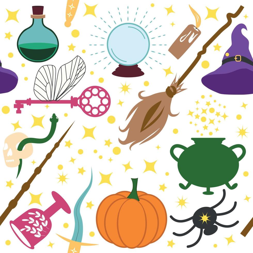 Magic items seamless pattern in flat style. School of Magic. Pumpkin, key, magic ball, feather, spider, purple hat, broom, skull, snake vector