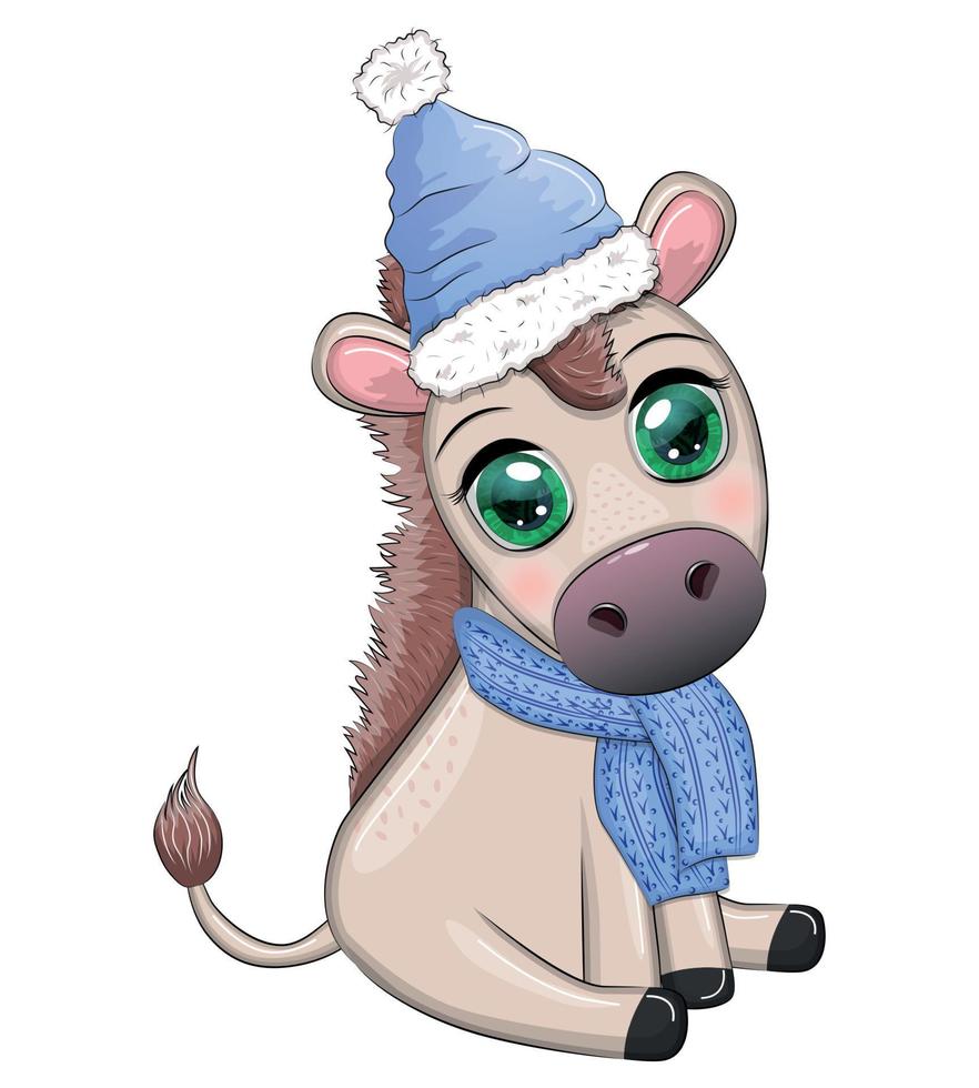 Cute donkey in santa hat with balloon, gift, candy kane, ice skating and winter sports. Postcard for Christmas and New Year. vector