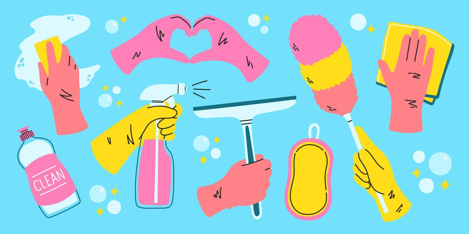 Cleaning set supplies, bottles, spray, sponge, gloves. Various Cleaning items. Housework concept. Hand drawn style vector