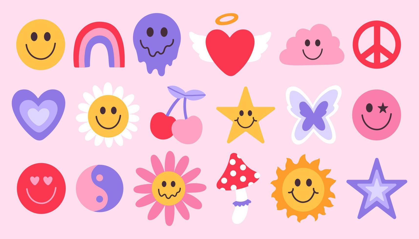 Y2K set of icons hearts, butterflies, badges and stickers. Glamorous vector Y2k, the 00s. Nostalgia for the 2000 years.