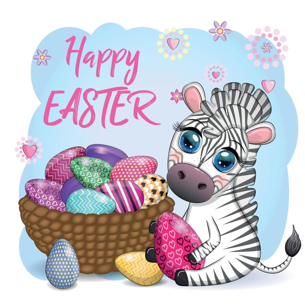 Zebra with Easter egg, flowers. Easter greeting card vector