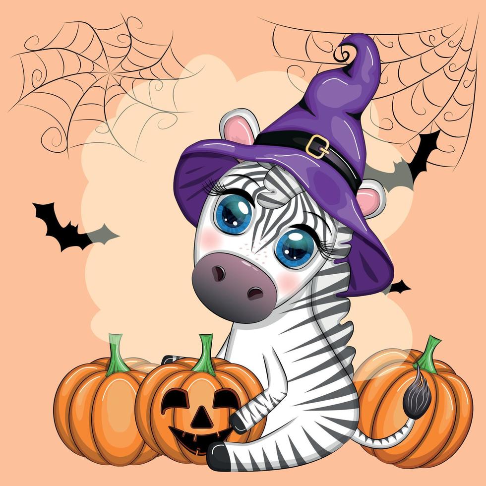 Cute zebra in witch hat, with broom, pumpkin jack, magic potion. Poster, card, label and decoration for Halloween vector