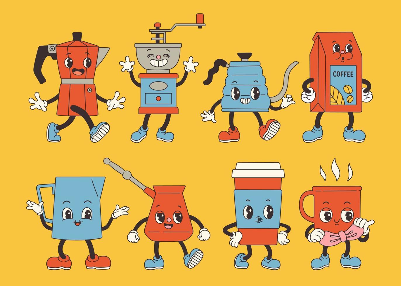 Groovy coffee set character old classic cartoon style. Retro Mascot Vintage Coffee Character Illustration vector