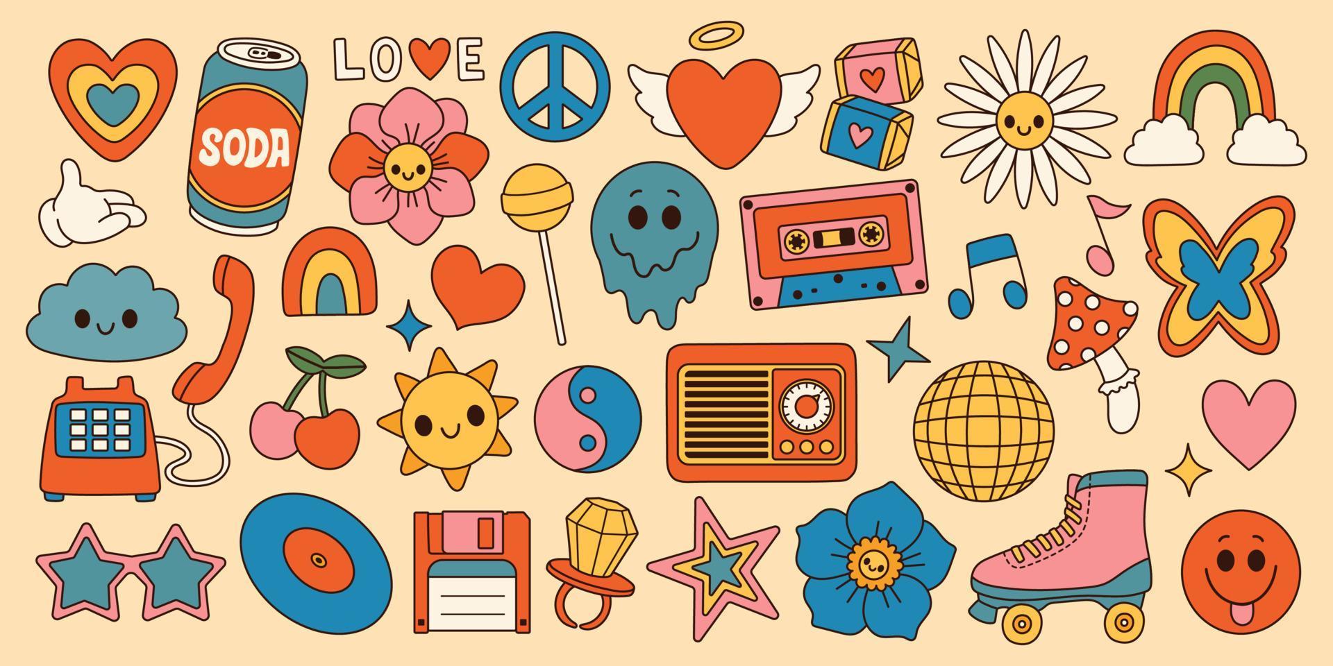 Groovy set hippie 70s. Cartoon flower rainbow peace Love heart daisy mushroom etc. Sticker pack in trendy retro style. vector