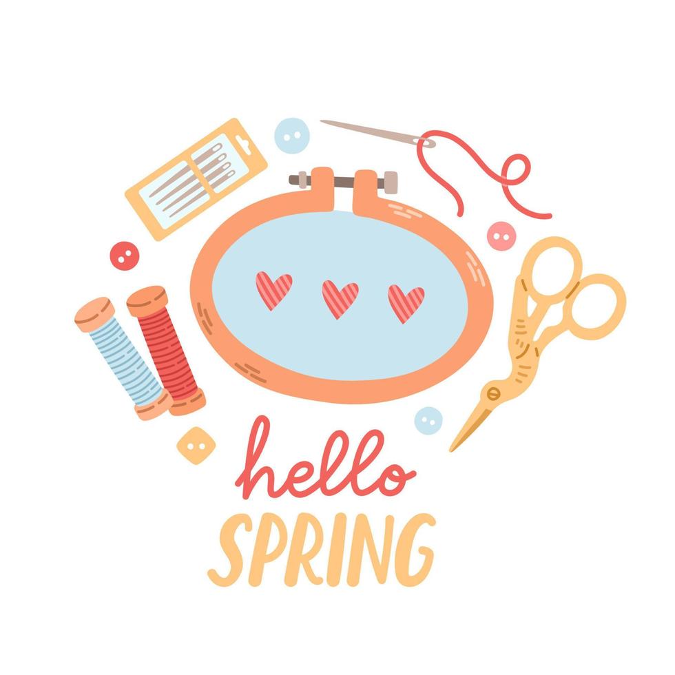 Hello Spring hand drawn vector illustration. Lettering spring season with embroidery leaves flowers for greeting card.