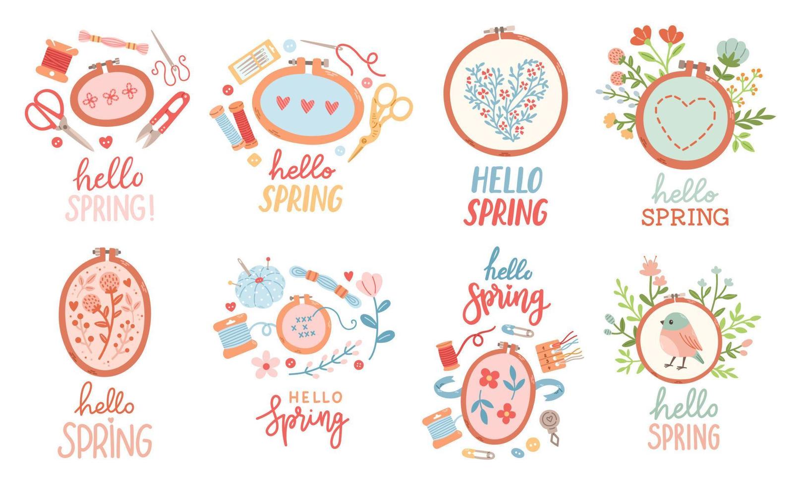 Hello Spring hand drawn vector set. Lettering spring season with embroidery leaves flowers for greeting card.