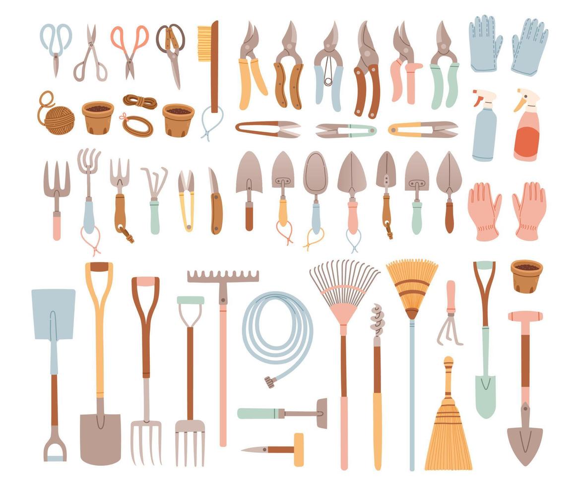 Big set of gardening items in hand drawn style. Agricultural and garden tools for spring work. Vector isolated on white