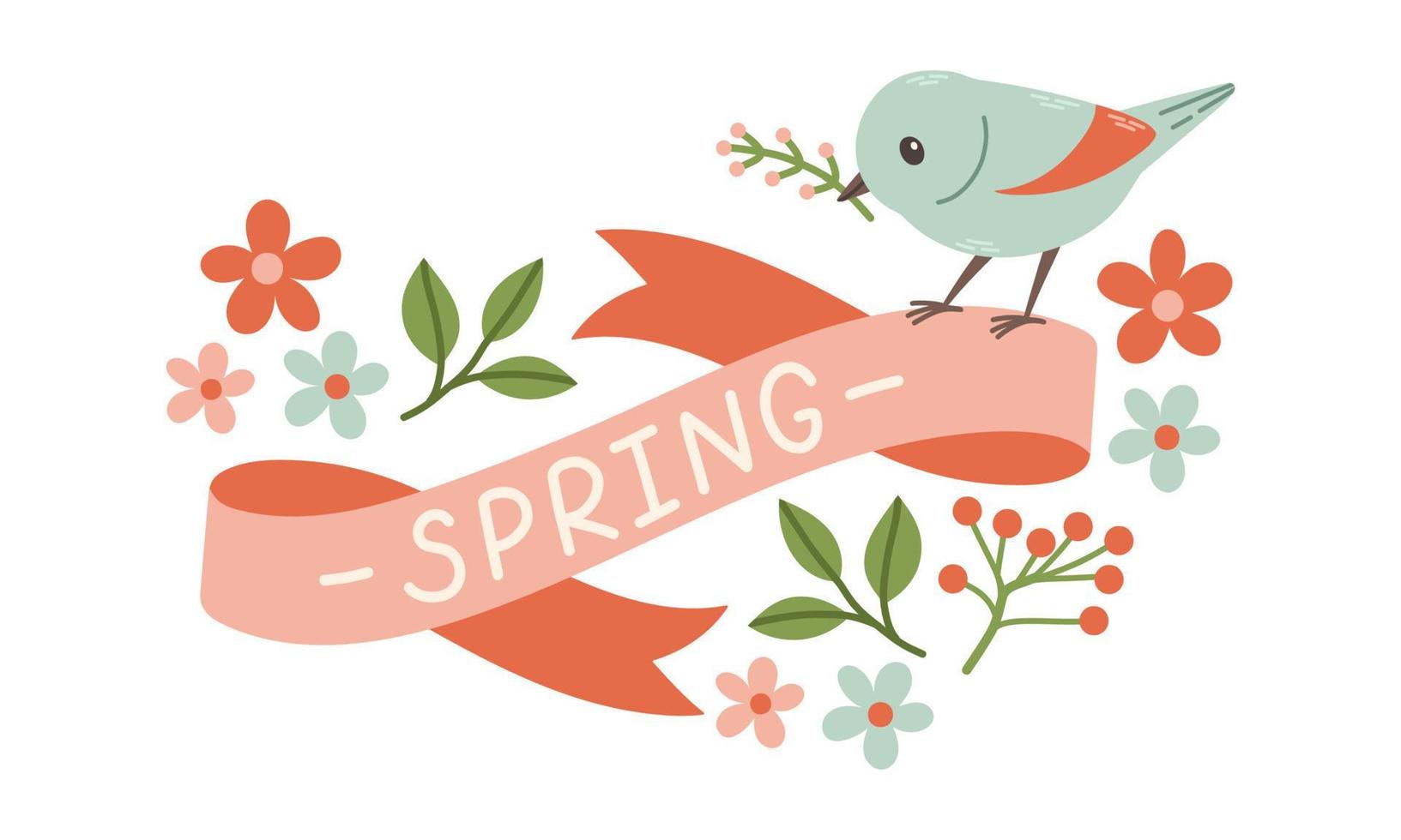 primavera etiqueta con temporada citas, pájaro, cinta. mano dibujado primavera vector ilustración.