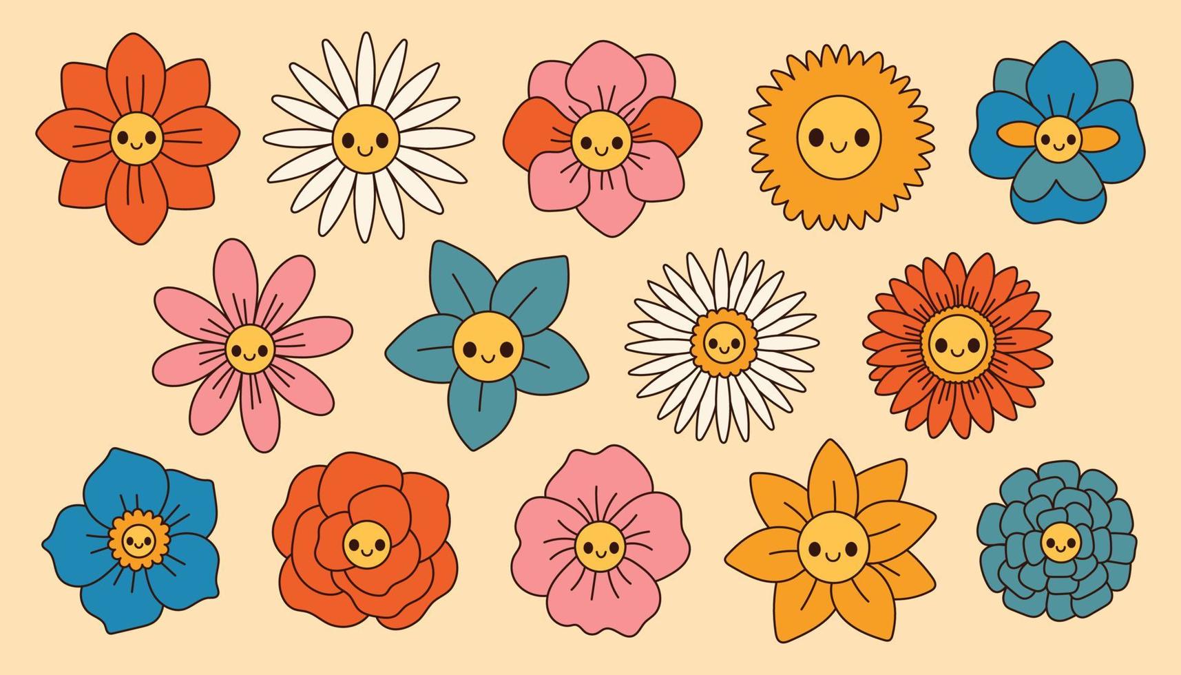 Groovy flowers set. Retro 70s smiling face flowers graphic elements isolated collection. Retro vintage flowers vector