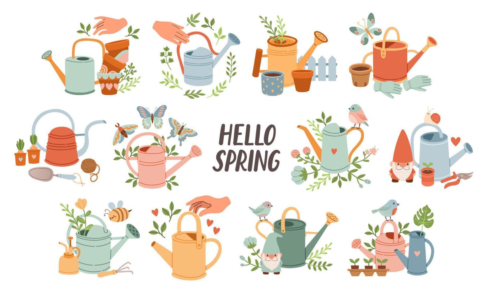 Spring mood set template. Welcome spring season invitation. Minimalist postcards with leaves, watering can. vector