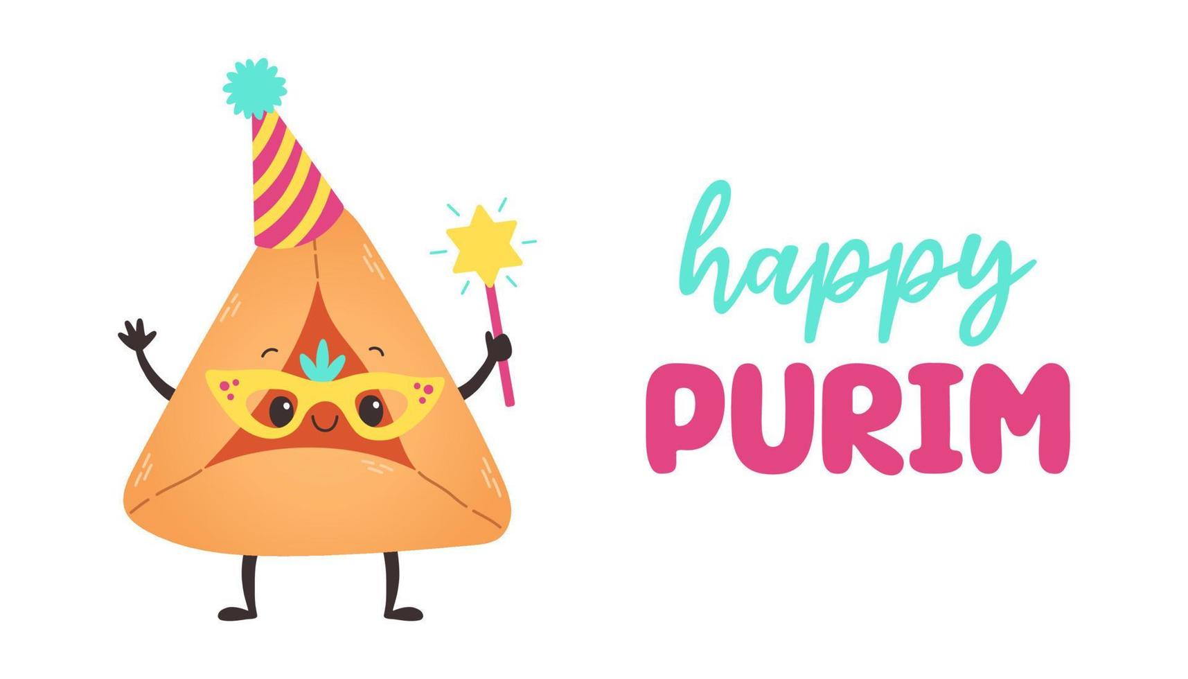 Purim holiday banner design with hamantaschen cookies funny cartoon characters. Happy Purim day vector