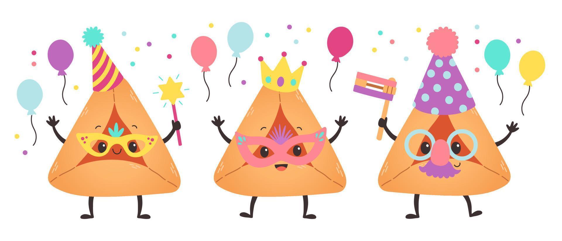 Purim holiday banner design with hamantaschen cookies funny cartoon characters. Happy Purim day vector
