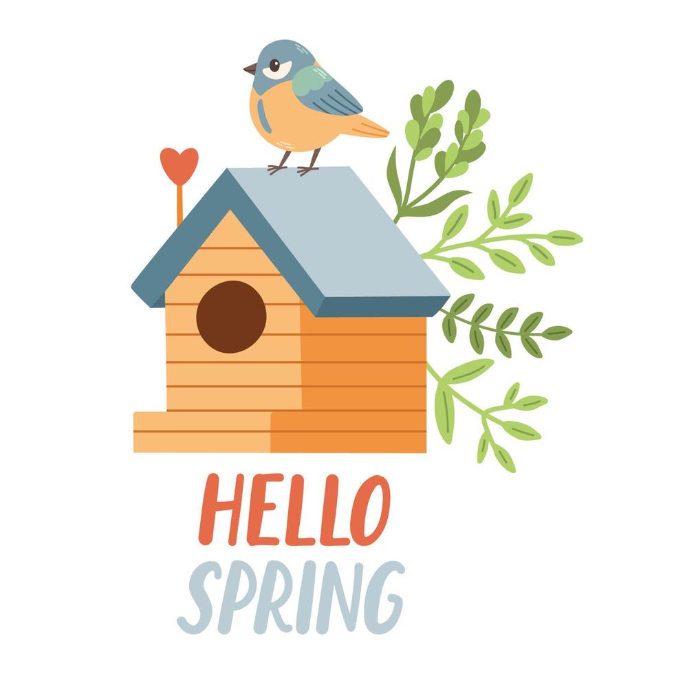 Spring birdhouse. Spring mood greeting card template. Welcome spring season invitation. Minimalist postcard birdhouse. vector