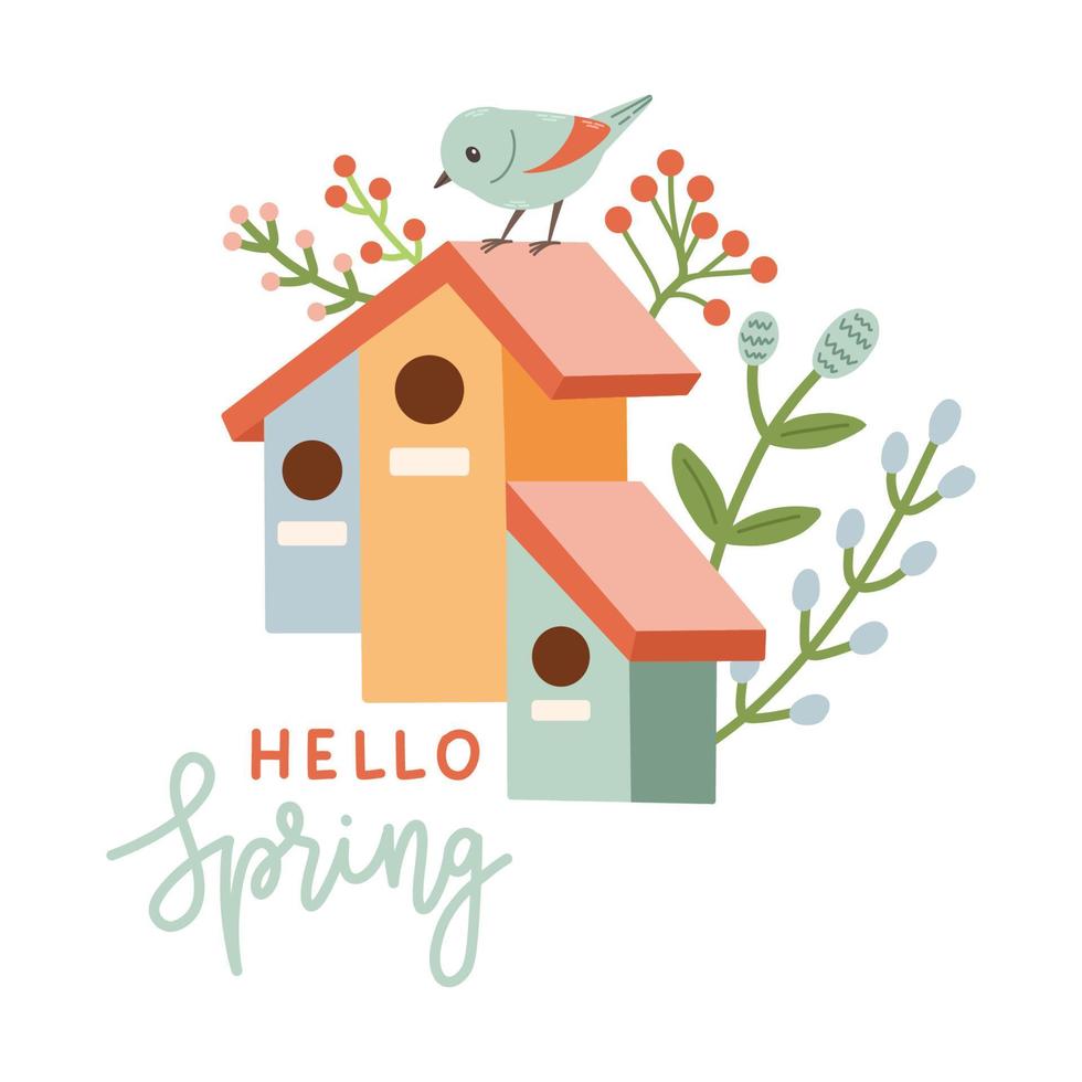 Spring birdhouse. Spring mood greeting card template. Welcome spring season invitation. Minimalist postcard birdhouse. vector