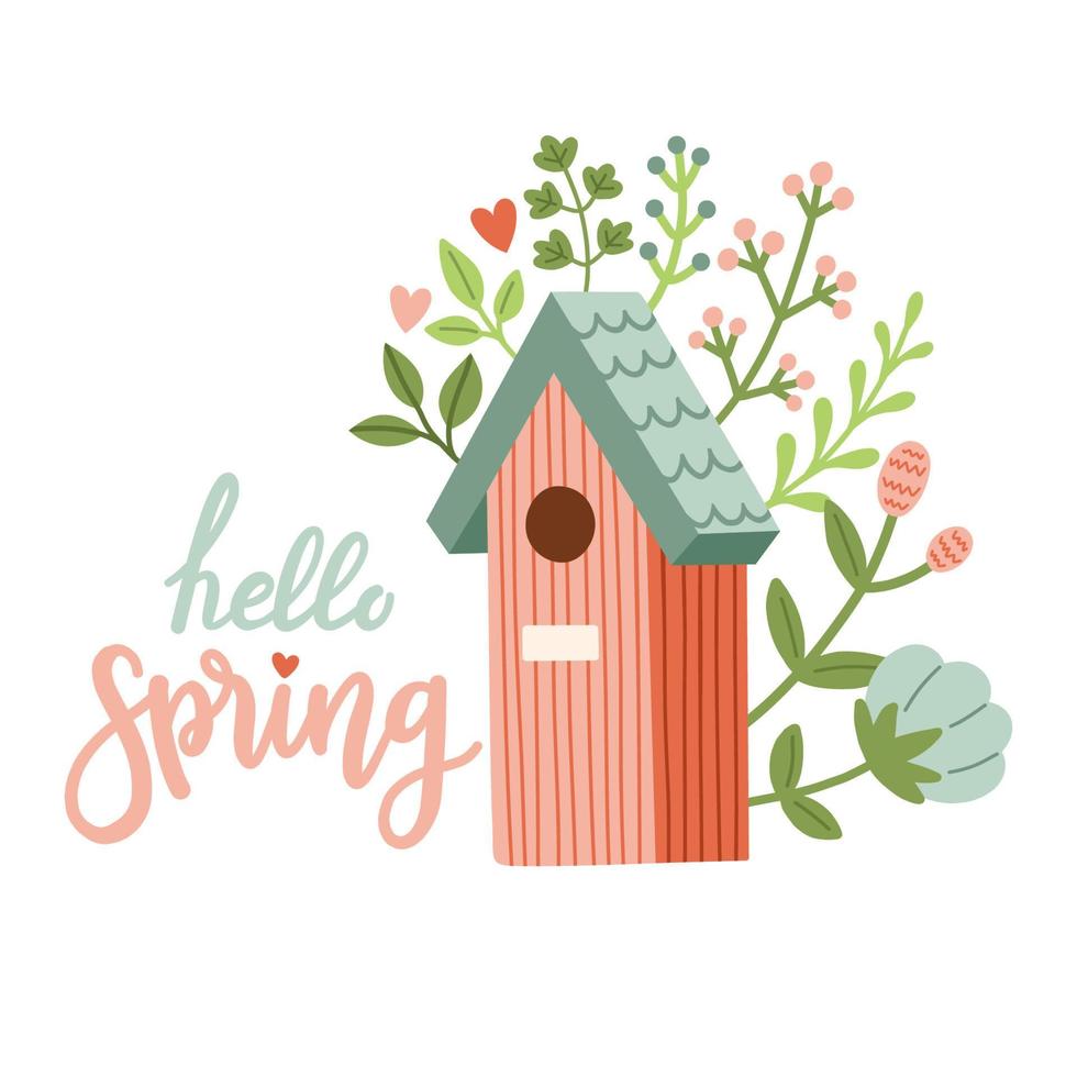 Spring birdhouse. Spring mood greeting card template. Welcome spring season invitation. Minimalist postcard birdhouse. vector