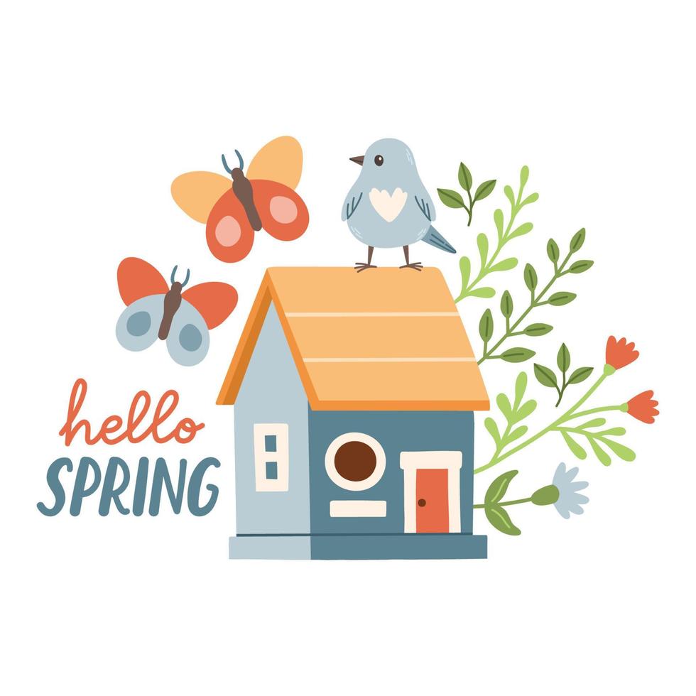 Spring birdhouse. Spring mood greeting card template. Welcome spring season invitation. Minimalist postcard birdhouse. vector