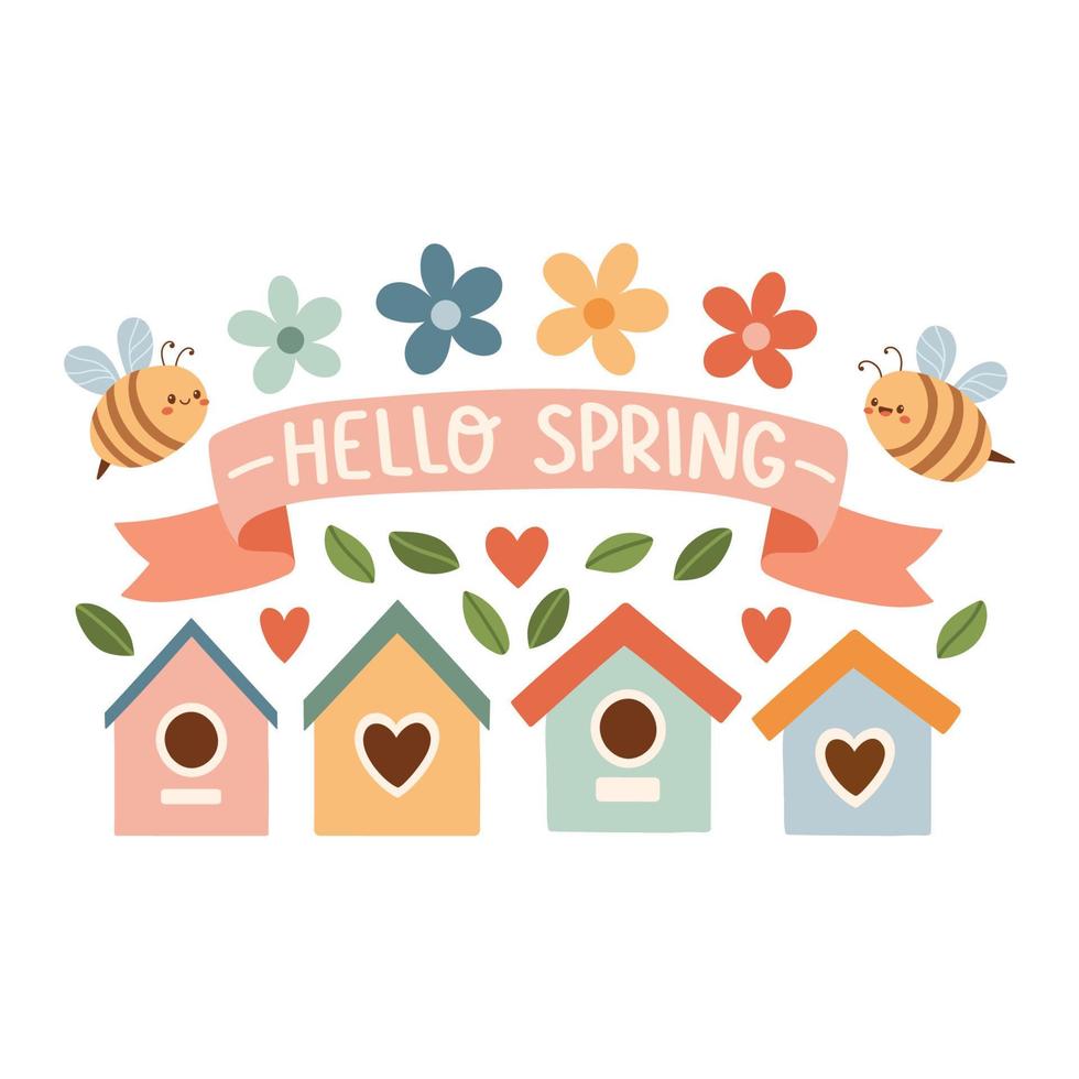 Spring birdhouse. Spring mood greeting card template. Welcome spring season invitation. Minimalist postcard birdhouse. vector