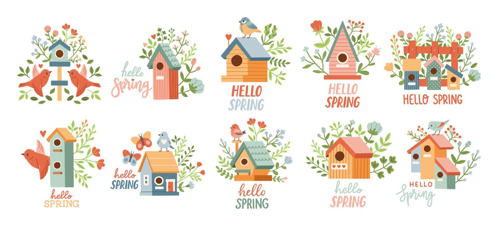 Spring birdhouse set. Spring mood greeting card template. Welcome spring invitation. Minimalist postcard birdhouse. vector