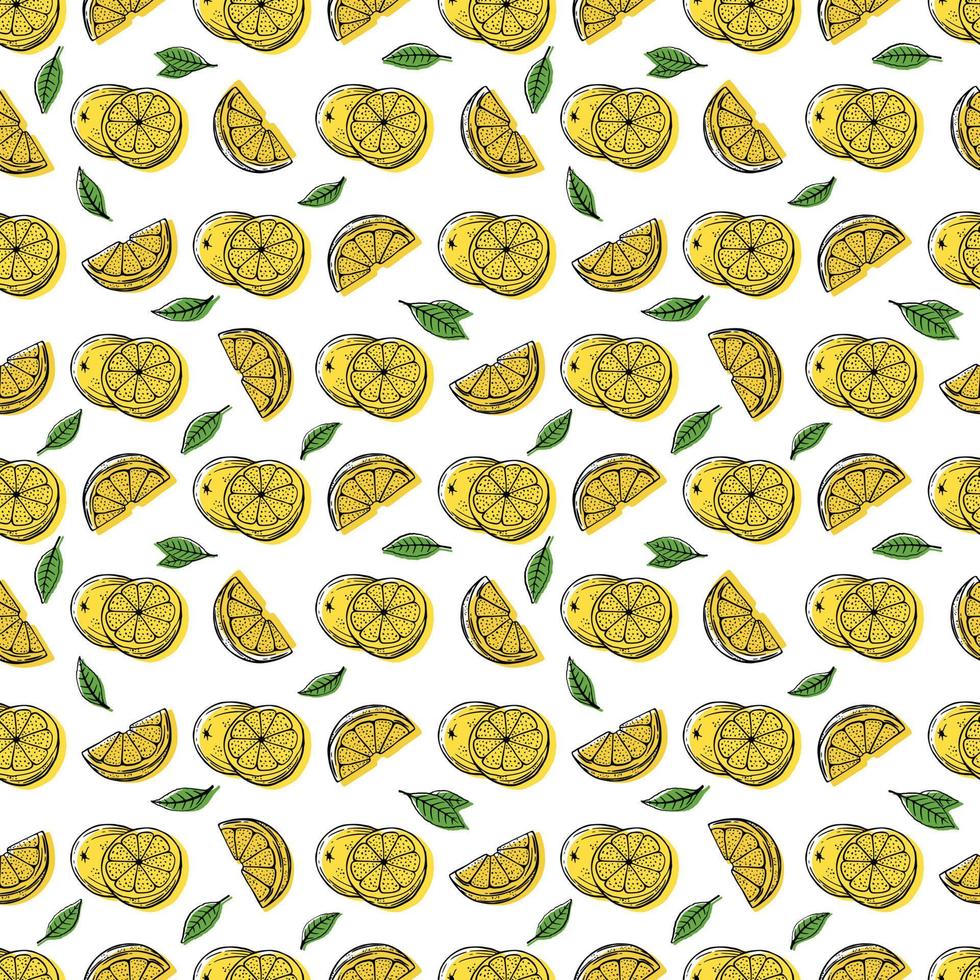 Tropical seamless pattern with yellow lemons and lemon slices hand draw illustration vector