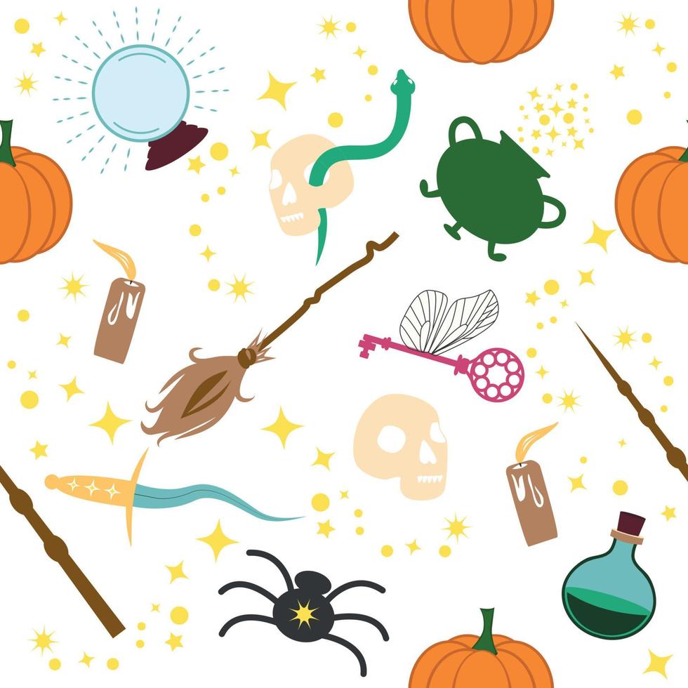 Magic items seamless pattern in flat style. School of Magic. Pumpkin, key, magic ball, feather, spider, purple hat, broom, skull, snake vector