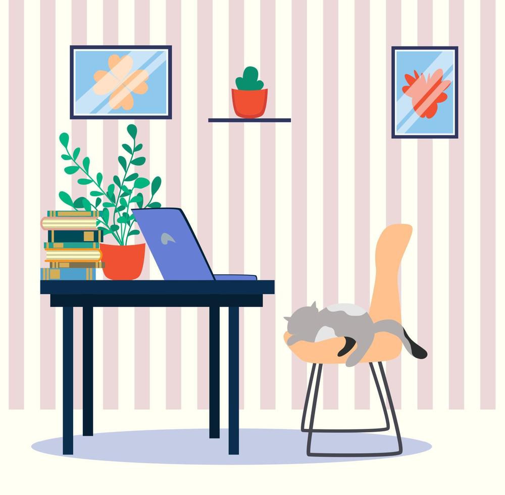 vivo habitación interior diseño con dormido gato, computadora portátil, plantas y mesa con libros y un taza. moderno interior diseño. vector