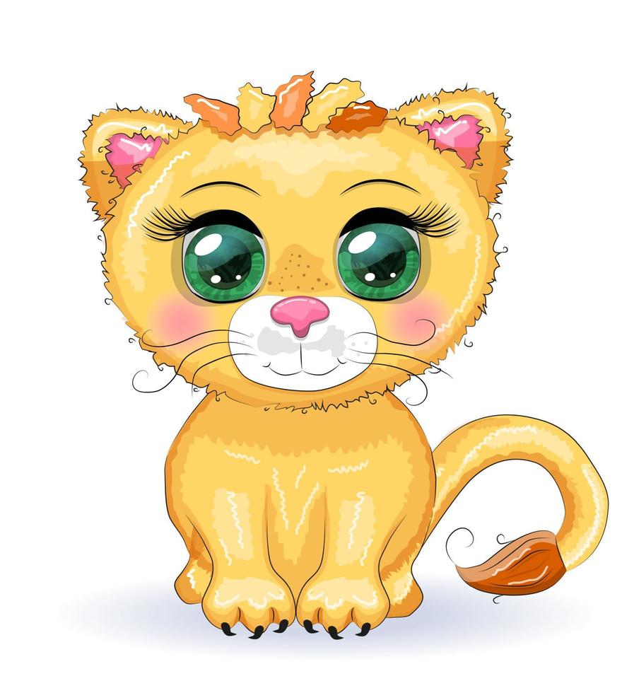 león de dibujos animados con ojos expresivos. animales salvajes, carácter, estilo lindo infantil. vector