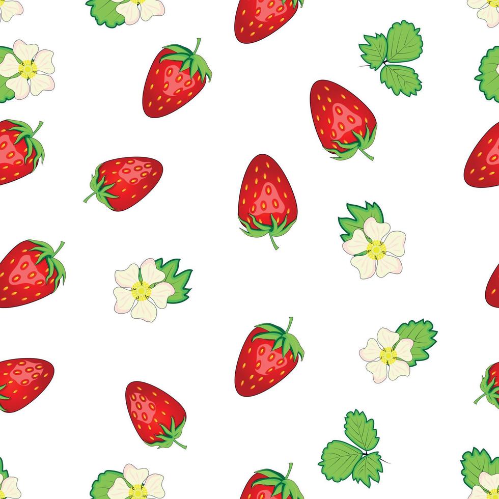 Seamless pattern with strawberries, berries and flowers. Sweet food repeat fabric background. organic fruits vector