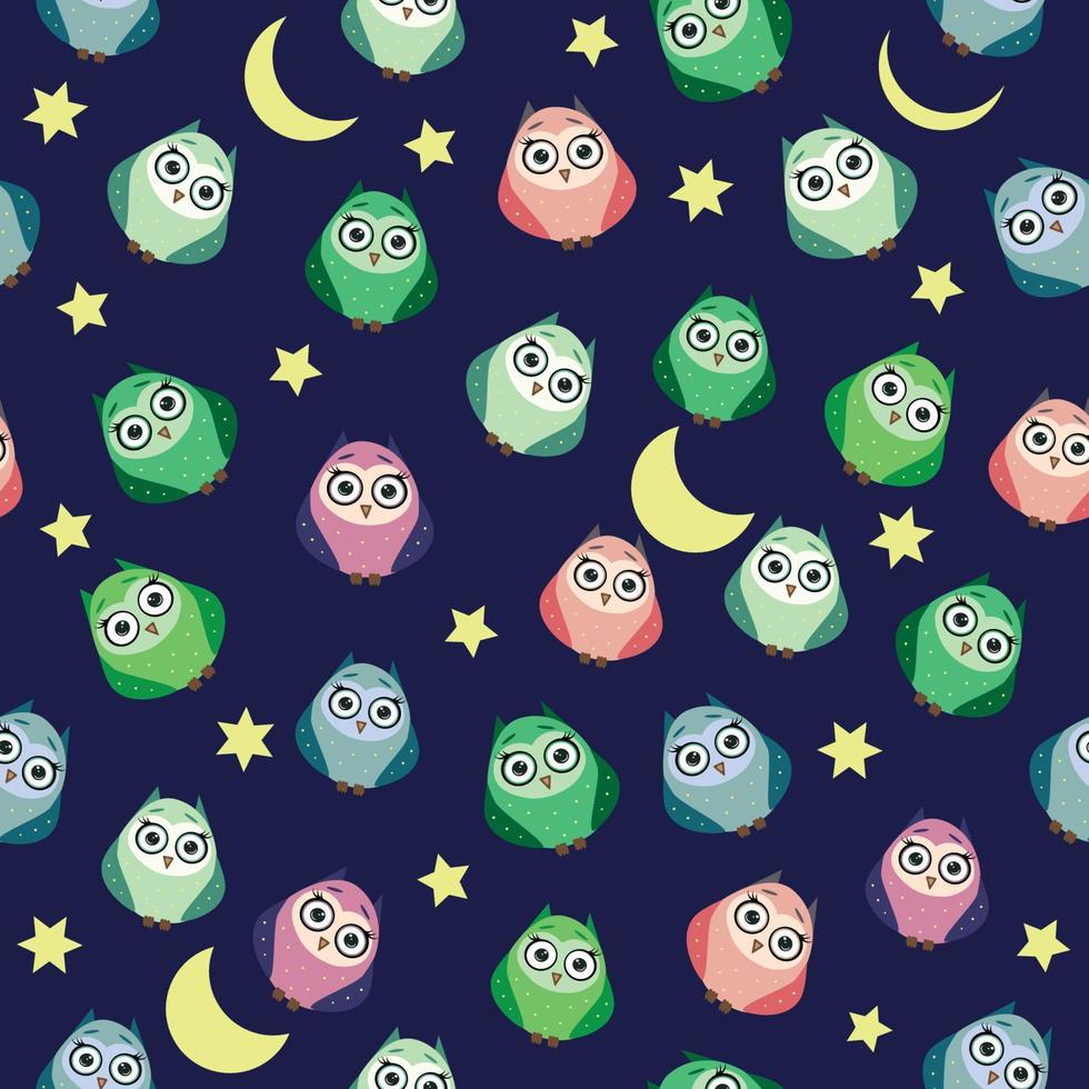 Cute multicolored owls at night with stars, clouds and moon. Seamless pattern in cartoon style, childish seamless pattern, newborn. vector