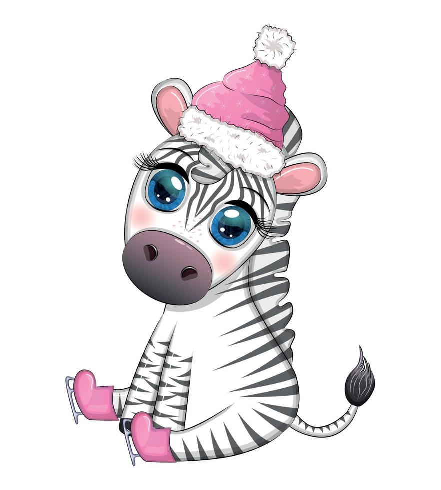 Cute zebra in a hat and scarf, winter. Wildlife Holidays Cartoon Character vector