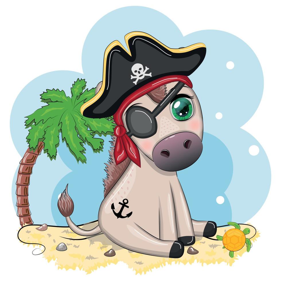 Cute pirate donkey in a cocked hat, with an eye patch. Child character, games for boy vector