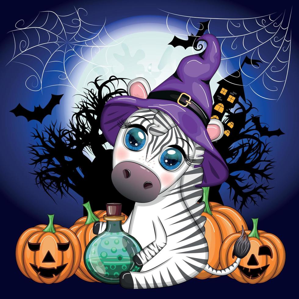 Cute zebra in witch hat, with broom, pumpkin jack, magic potion. Poster, card, label and decoration for Halloween vector