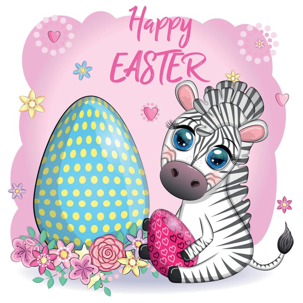Zebra with Easter egg, flowers. Easter greeting card vector