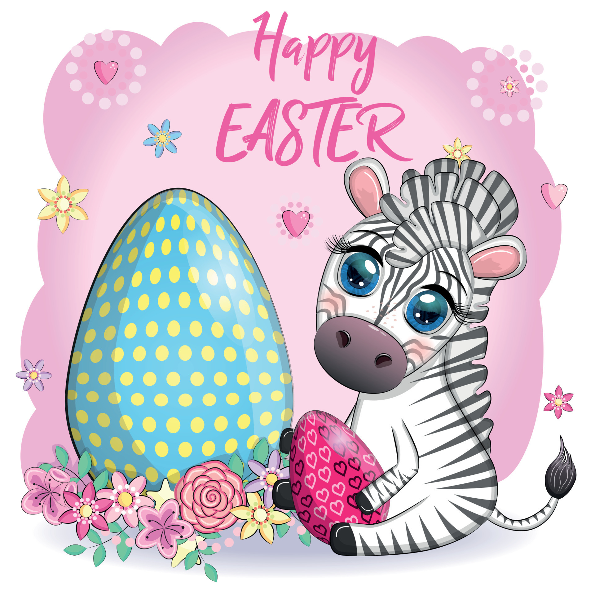 Zebra with Easter egg, flowers. Easter greeting card 20491056 Vector