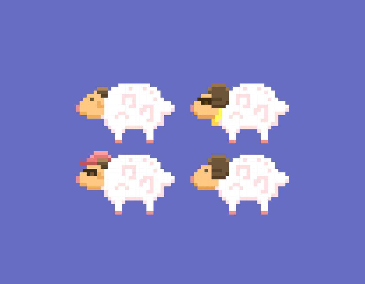 sheep illustration collection. sheep wearing glasses, necklaces, and hats. rams and ewe. cute and adorable characters. pixel art. video games. vector elements