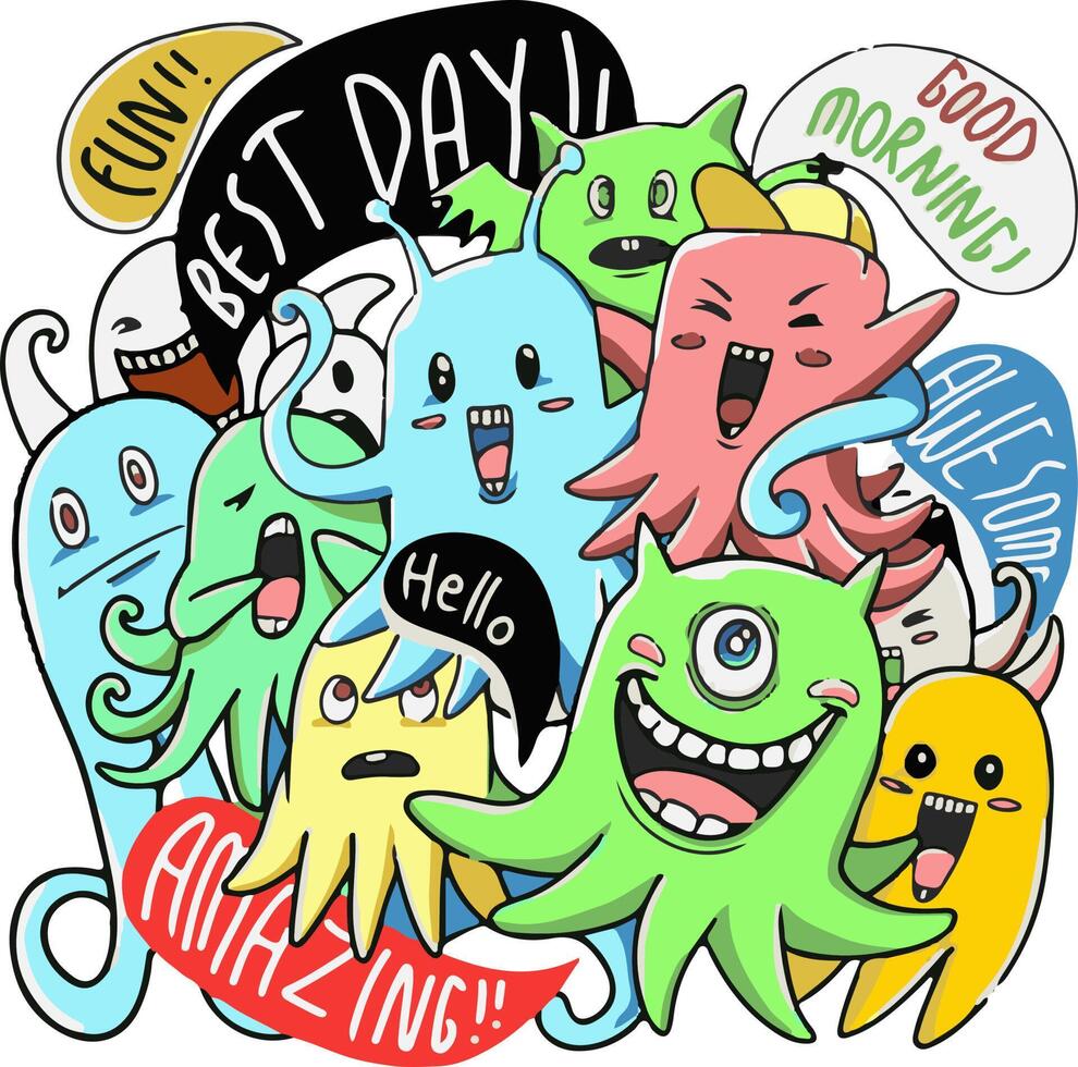 vector illustration of cute monster doodle with various expressions